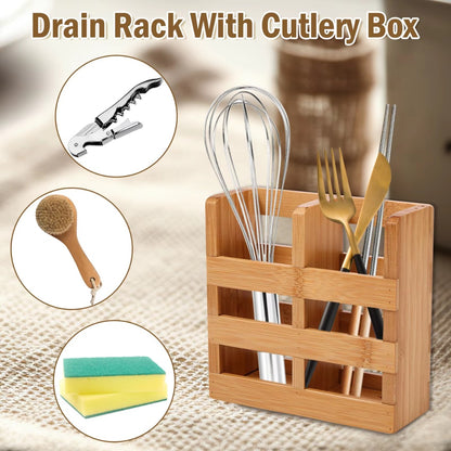 Foldable Bamboo Dish Drying Rack – 2-Tier with Utensil Holder