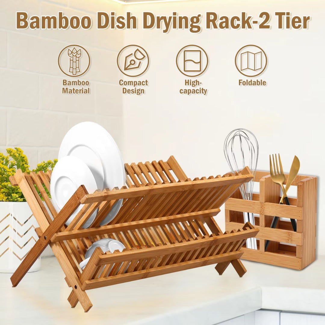 Foldable Bamboo Dish Drying Rack – 2-Tier with Utensil Holder