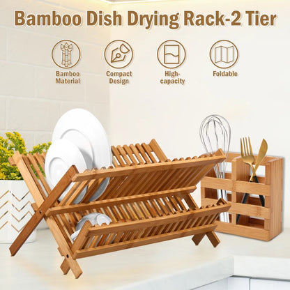 Foldable Bamboo Dish Drying Rack – 2-Tier with Utensil Holder